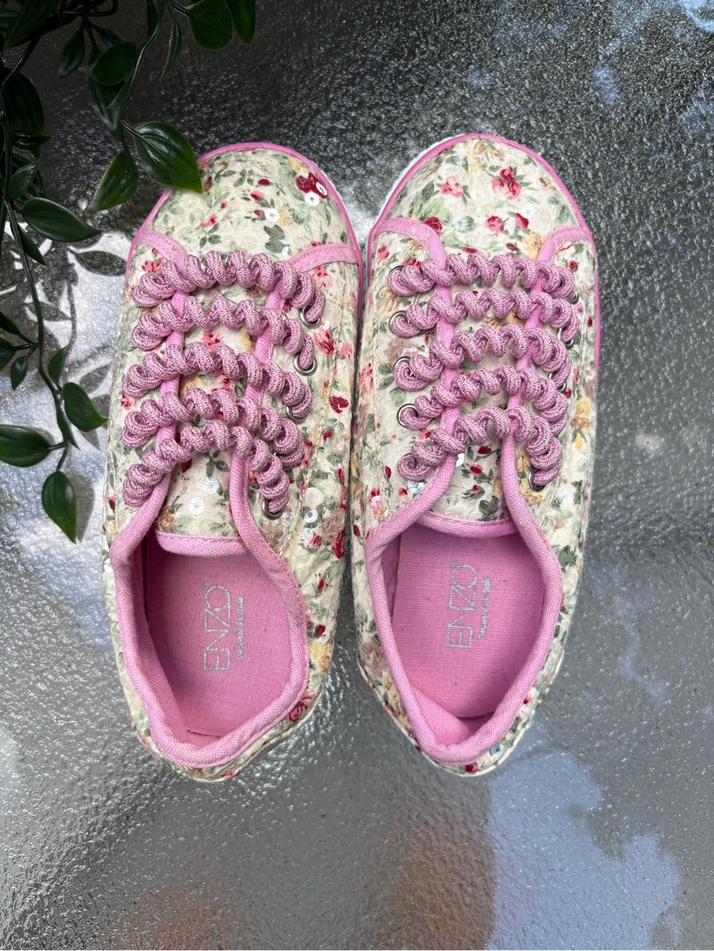 Girls Floral Quilted Sneakers with Pink Trim